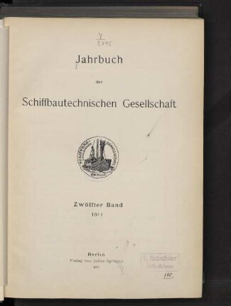 12.1911: Jahrbuch der Schiffbautechnischen Gesellschaft