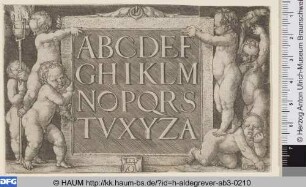 Schriftvorlagen, Alphabet auf Tafel von je drei Putten gehalten