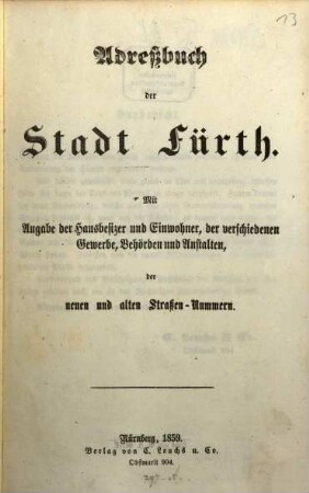 Adressbuch der Stadt Fürth : nach amtlichen Unterlagen bearbeitet. 1859, 1859