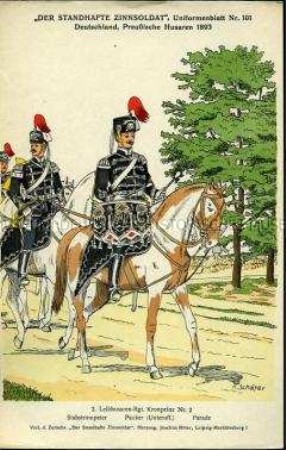 Uniformdarstellung, Stabstrompeter und Pauker des Leib-Husaren-Regiments "Kronprinz" Nr. 2, Deutsches Kaiserreich, 1893.