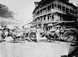 Bombay. Straßenszene mit Ochsenkutschen