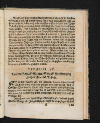 Titulus IX. Von der Schaaff-Meister/ Schaaff-Knechten oder Jungen An- und Abzuge.