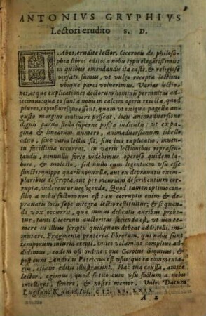 M. T. Ciceronis De Philosophia, Volumen .... 1, Ita doctissimis animaduersionibus illustratum, vt intega vbique vulgata lectio seruata sit