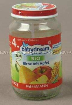 Babynahrung: Birne mit Apfel, Glas mit Deckel, leer