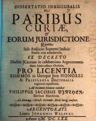 Dissertatio Inauguralis De Paribus Curiae & Eorum Jurisdictione