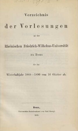 Vorlesungsverzeichnis für das .... 1889/90. WH