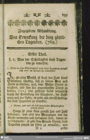 Zugegebene Abhandlung. Von Erweckung der drey göttlichen Tugenden