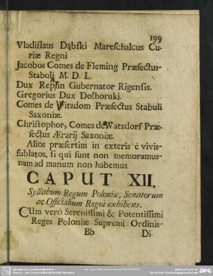 Caput XII. Syllabum Regum Poloniae, Senatorum ac Officialium Regni exhibens