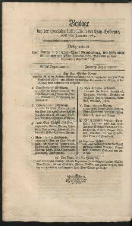 Beylage bey der specialen Instruction der Bau-Bediente, vom 9ten Januarii 1765.