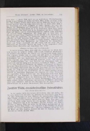 Joachim Mähl, ein niederdeutscher Heimatdichter. Von Werner Eberhardt.