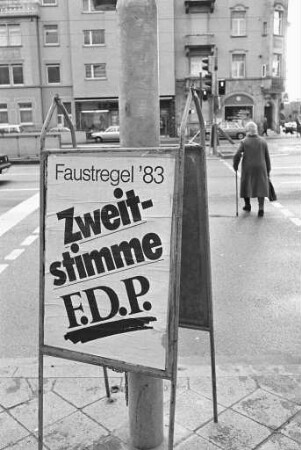 Wahlwerbung des FDP-Kreisverbands Karlsruhe zur Landtagswahl Baden-Württemberg am 25. März 1984