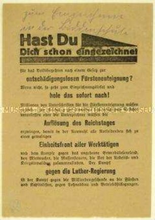 Aufruf der KPD zur Teilnahme am Volksbegehren zur Fürstenenteignung 1926