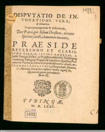 Dispvtatio De Invocatione Vera, et idolatrica