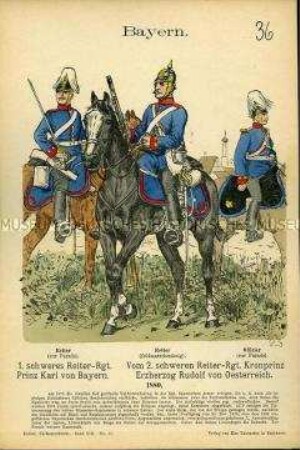 Uniformdarstellung, Reiter und Offizier des 1. bzw. 2. Schweren Reiter-Regiments, Königreich Bayern, 1880.