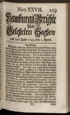 Nro. XXVII. auf das Jahr 1743. den 2. April. - Nro. XXXIV. auf das Jahr 1743. den 30. April.