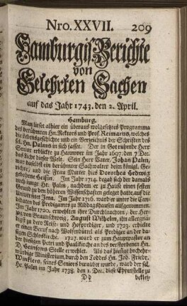 Nro. XXVII. auf das Jahr 1743. den 2. April. - Nro. XXXIV. auf das Jahr 1743. den 30. April.