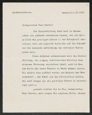 Brief von Fritz Engel von Kleiststiftung  an Gerhart Hauptmann