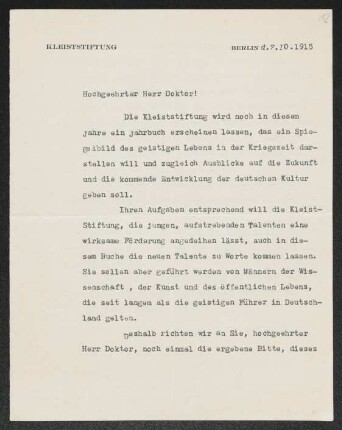 Brief von Fritz Engel von Kleiststiftung <Berlin> an Gerhart Hauptmann