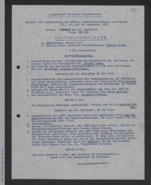 Entwürfe zur Tagesordnung für die 28. Generalversammlung des ADF 1915 in Leipzig