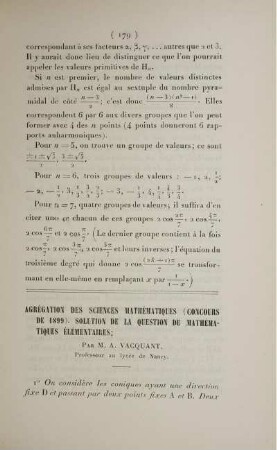 Agrégation des Sciences mathématiques (concours de 1899). Solution de la question de Mathématiques élémentaires