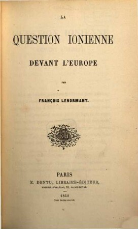 La question Ionienne devant l'Europe