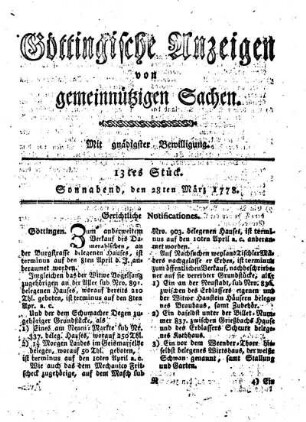 13tes Stück. Sonnabend, den 28ten März 1778.