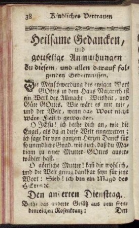 Heylsame Gedanken, und gottselige Anmuthungen nach jedem Gesetz des ganzen marianischen Psalters für jeden Dienstag Zeit dieser Andacht.