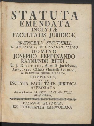 Statuta Emendata Inclytæ Facultatis Iuridicæ
