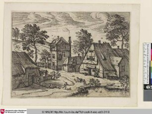 [View of a Village with a Flock; Ansicht eines Dorfes mit einer Herde Vieh]