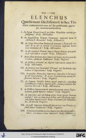 Elenchus Quaestionum selectissimarum in hoc Tractatu contentarum tam ad Jus publicum, quàm Jus commune pertinentium.