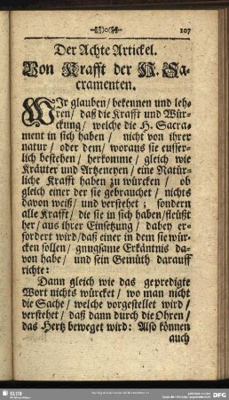 Der Achte Artickel. Von Krafft der H. Sacramenten