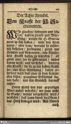 Der Achte Artickel. Von Krafft der H. Sacramenten