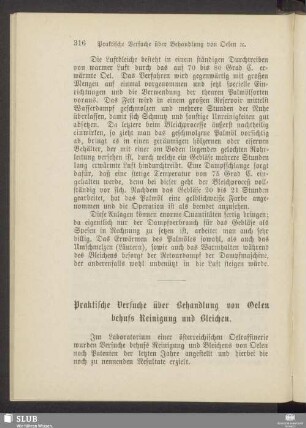 Praktische Versuche über Behandlung von Oelen behufs Reinigung und Bleichen