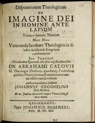 Disputationem Theologicam De Imagine Dei In Homine Ante Lapsum