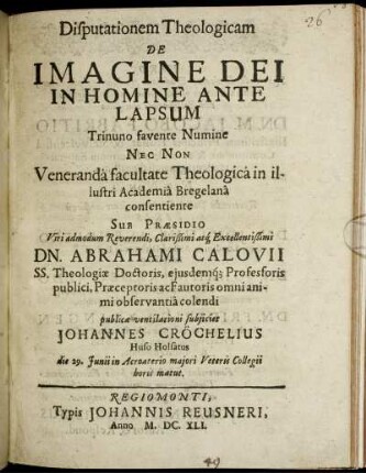 Disputationem Theologicam De Imagine Dei In Homine Ante Lapsum