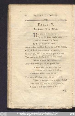 Fable V. La Grue & le Paon.