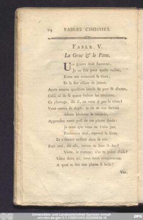 Fable V. La Grue & le Paon.