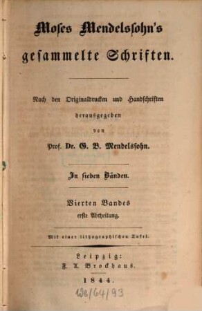 Moses Mendelssohn's gesammelte Schriften : in sieben Bänden. 4,1