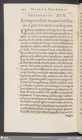 Observatio XCII. Ex improvida & incauta inu[n]ctione arge[n]ti vivi, mors consequuta