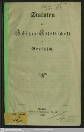 Statuten der Schützen-Gesellschaft zu Groitzsch