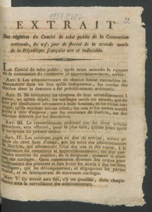 Extrait Des régistres du Comité de salut public de la Convention nationale, du 29.e jour de floréal de la seconde année de la République française une et indivisible