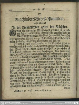IX. Angezündetes Liebes-Flämmlein, herfür scheinend In der Freundlichkeit gegen den Nächsten
