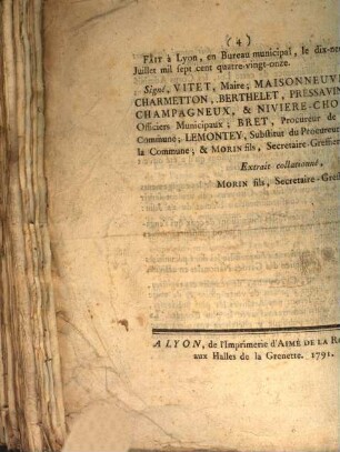 Les Maire et Officiers Municipaux de la ville de Lyon, à leurs concitoyens : du 13 Juillet 1791