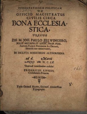 Dissertationem politicam de officio magistratus civilis circa bona ecclesiastica