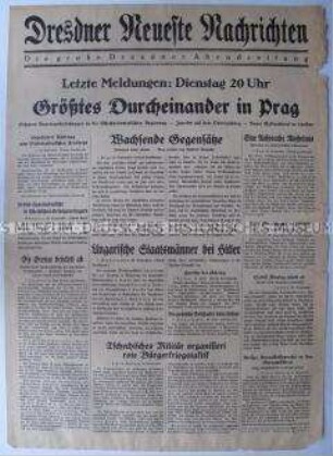 Abendausgabe (Nachrichtenblatt) der "Dresdner Neueste Nachrichten" zur Lage in der Tschechoslowakei am Vorabend des Münchener Abkommens