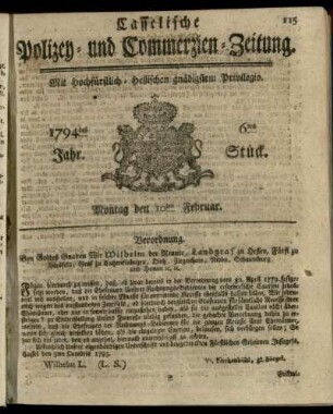 6tes Stueck, Montag den 10ten Februar 1794