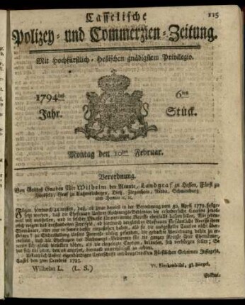 6tes Stueck, Montag den 10ten Februar 1794