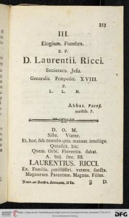 III. Elogium. Funebre. R.P. D.Laurentii Ricci. Societatis. Jesu. Generalis. Præpositi. XVIII.