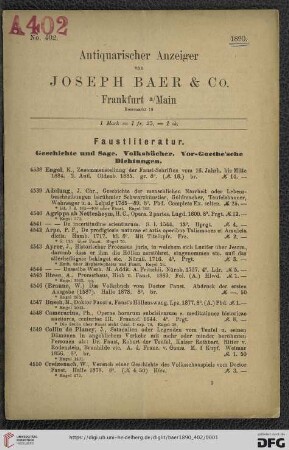 Nr. 402: Lagerkatalog / Josef Baer & Co., Frankfurt a.M.: Faustliteratur : Geschichte und Sage, Volksbücher, Vor-Goethe'sche Dichtungen