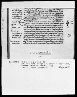 Gilbertus Porretanus, Commentarius in Psalmos 1-75 — Initiale E, Folio 21recto